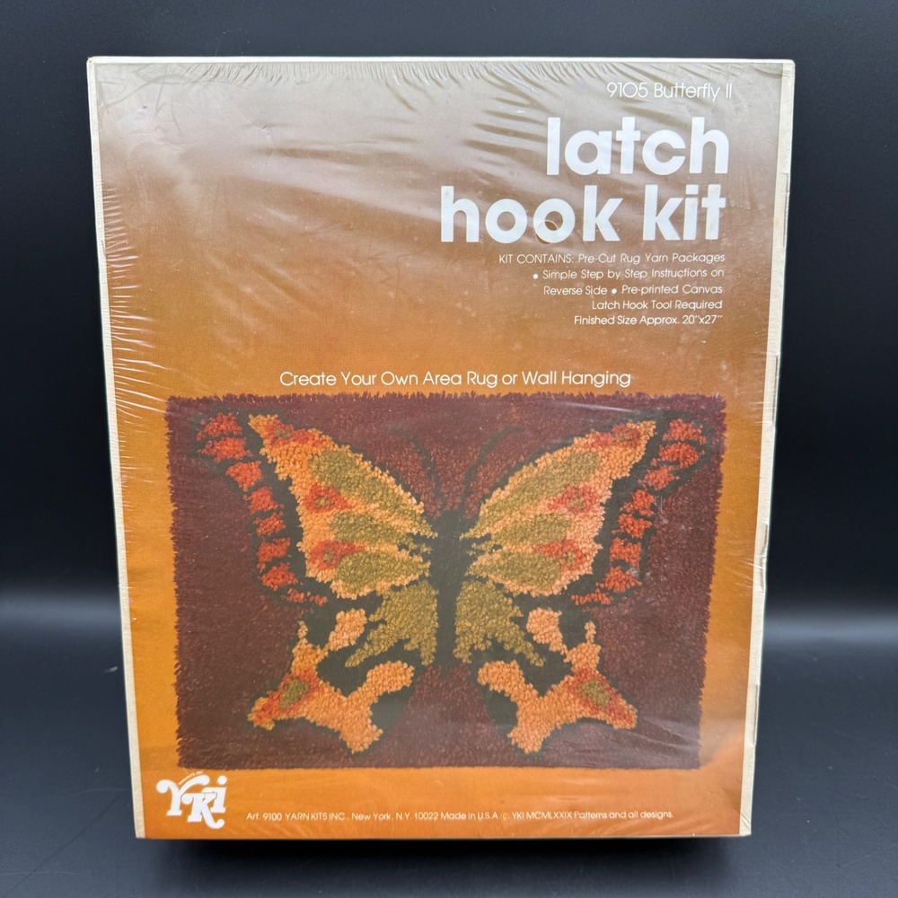 Vtg YKI Latch Hook Kit 9105 Butterfly II Rug Wall Hanging 20x27 Retro Boho